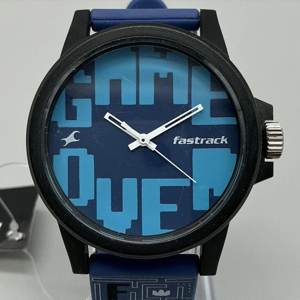 Fastrack Mens Watch 46mm Game Over Blue Dial Black Case Silicone 68012PP02